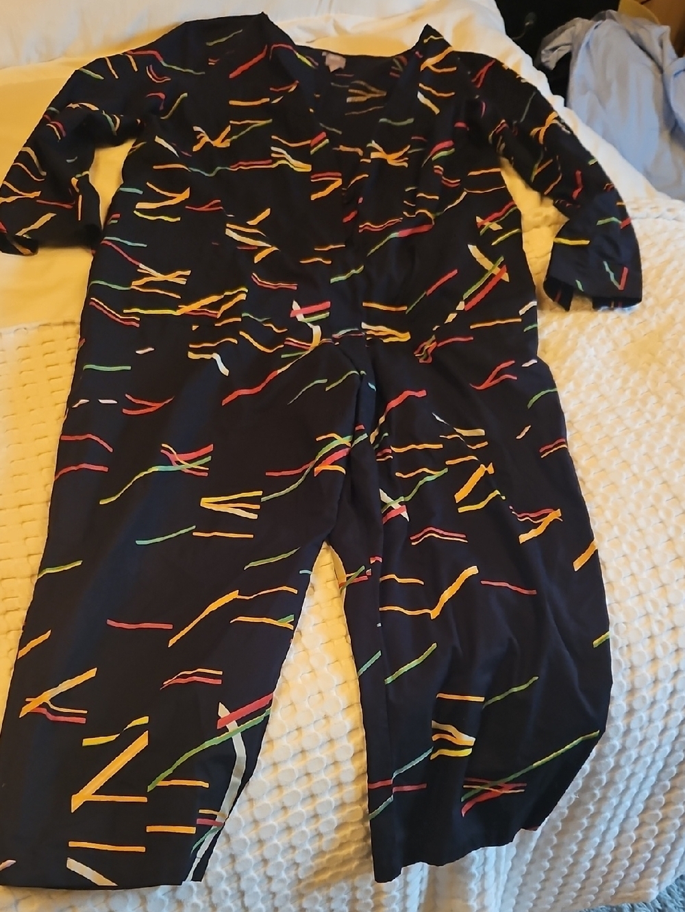 Black Jumpsuit with Multicolor Abstract Stripe Print Size 14